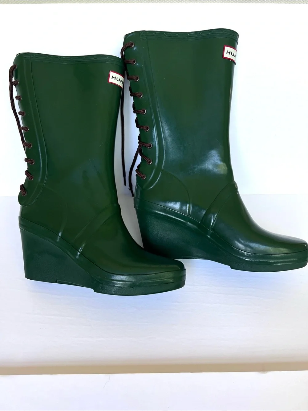 Hunter Dark Green Lace-Up Wedge Rain Boots